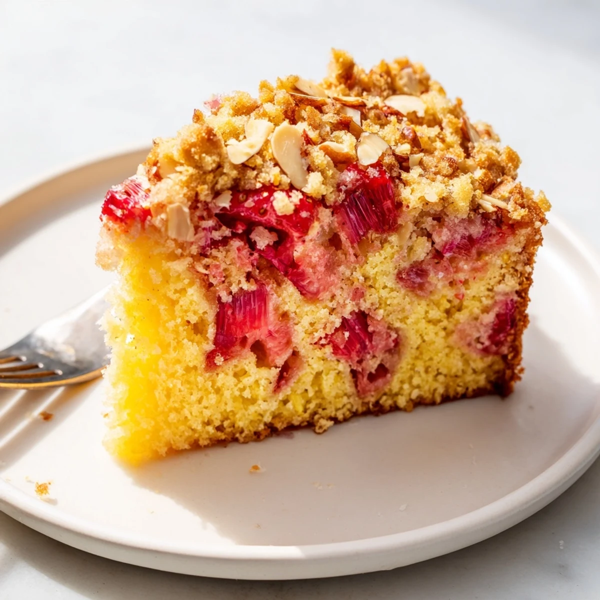 Tender lemon cake with juicy strawberries and tangy rhubarb under golden brown streusel