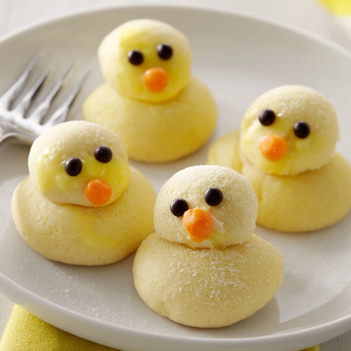 Adorable chick cookies with bright yellow frosting and cute candy faces on a rustic baking sheet