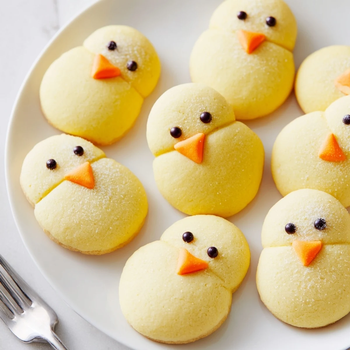 Golden chick cookies decorated with chocolate chip eyes and orange beaks arranged on white parchment