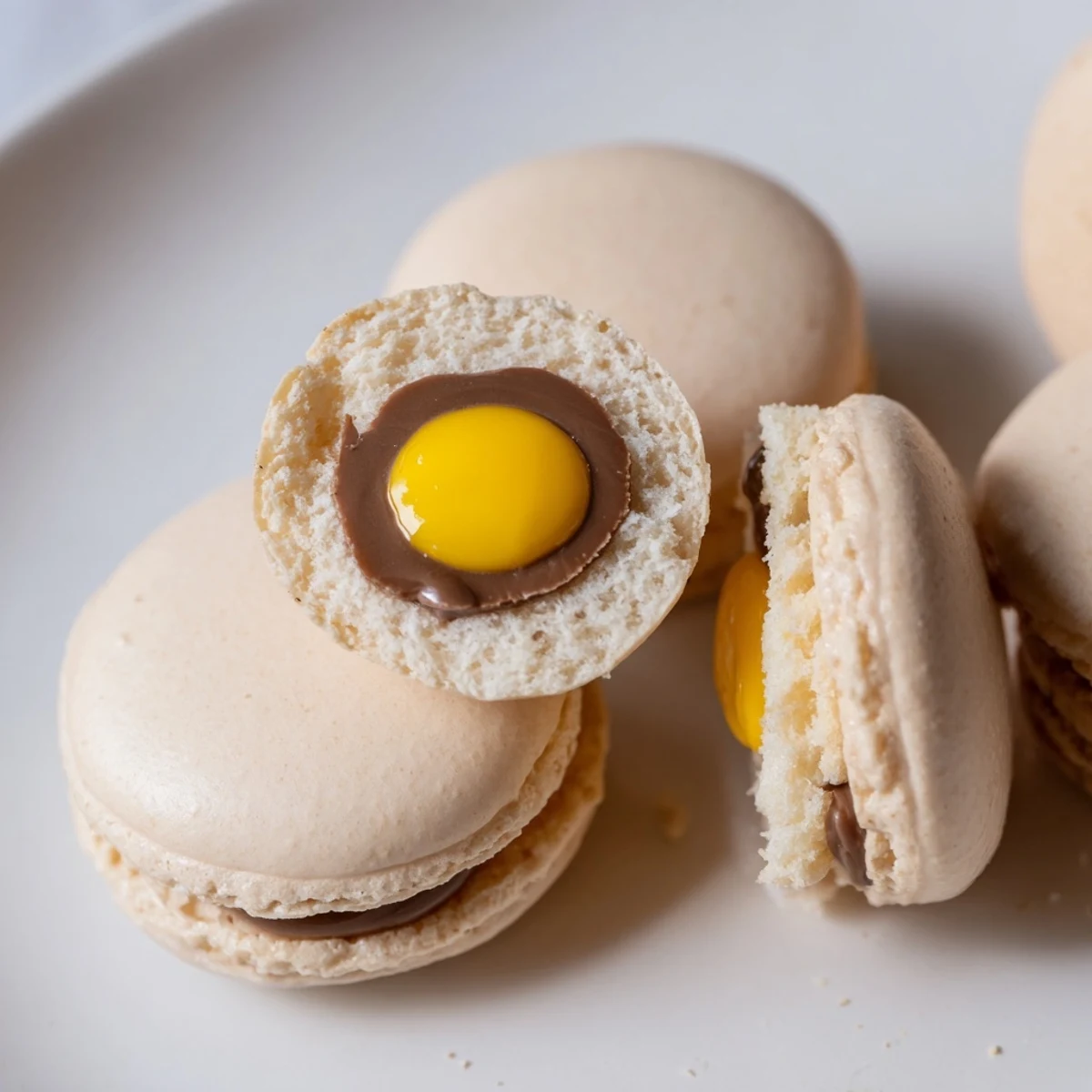 Golden yellow Cadbury Egg macarons arranged on a rustic white serving plate for Easter