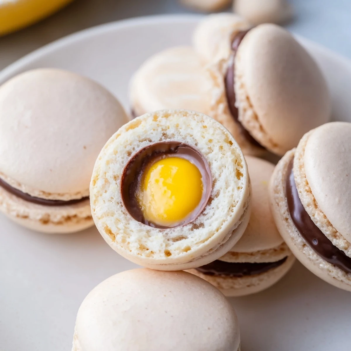 Smooth chocolate Cadbury Egg macarons with bright yellow yolk centers sandwiched between delicate shells