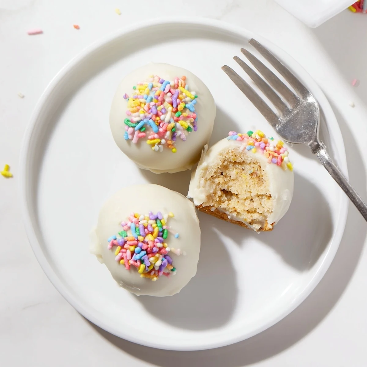 Creamy Banana Pudding Easter Truffles coated in white chocolate with colorful festive sprinkles
