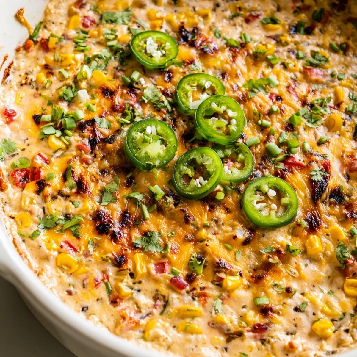 Creamy Spicy Roasted Jalapeno Cowboy Cream Cheese Dip bubbling in a rustic stoneware baking dish