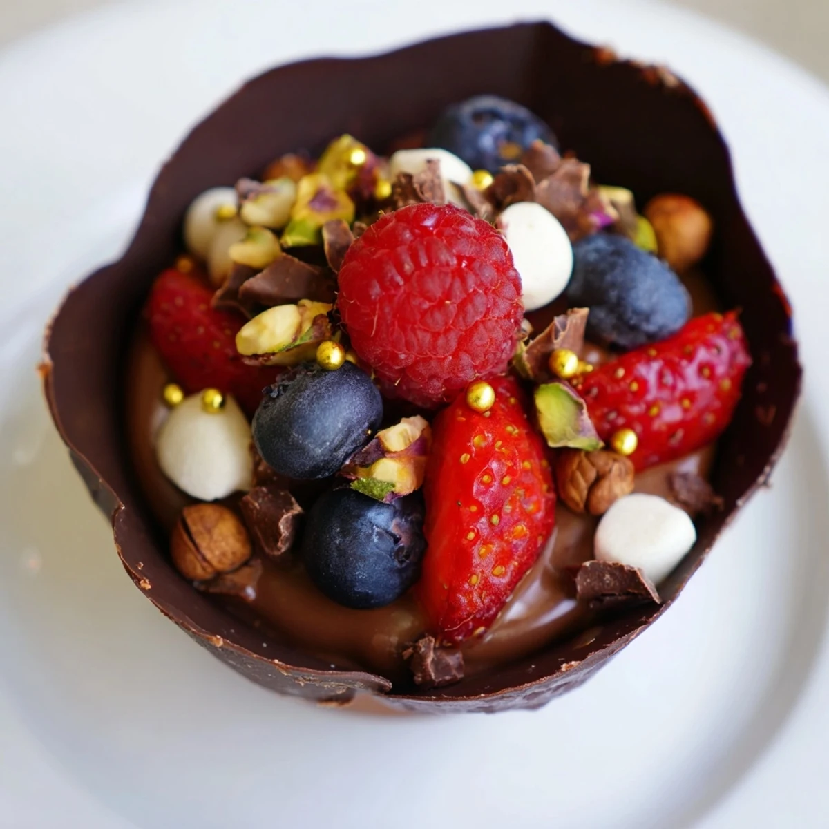 Decadent chocolate grazing cups filled with creamy mousse and crowned with fresh berries