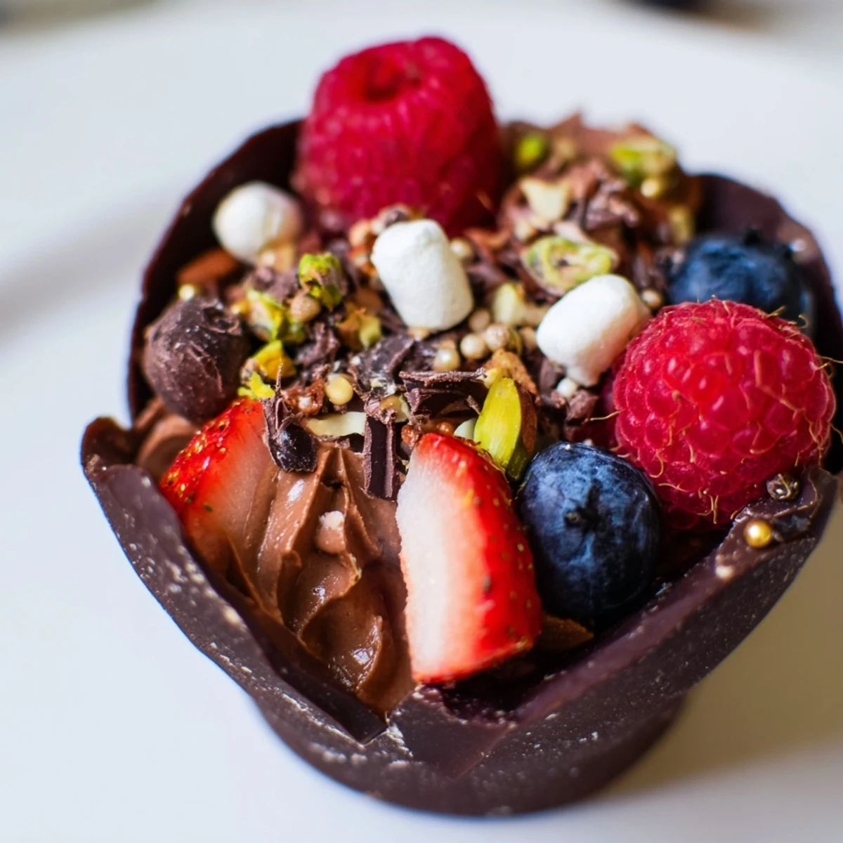 Rich chocolate grazing cups topped with crunchy nuts, berries, and chocolate shavings