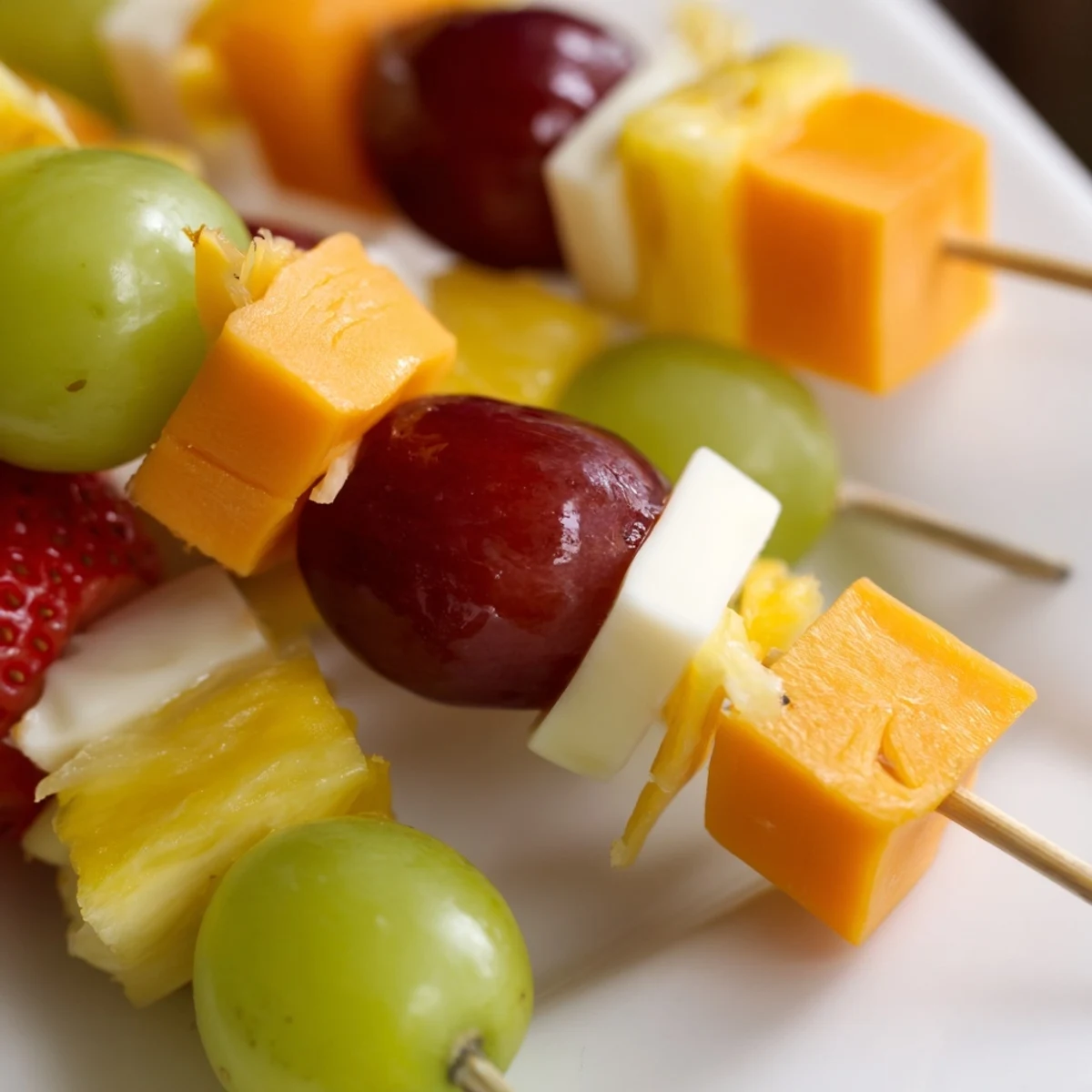 Colorful fruit and cheese kabobs arranged on a platter with green grapes, strawberries, and cheddar cubes