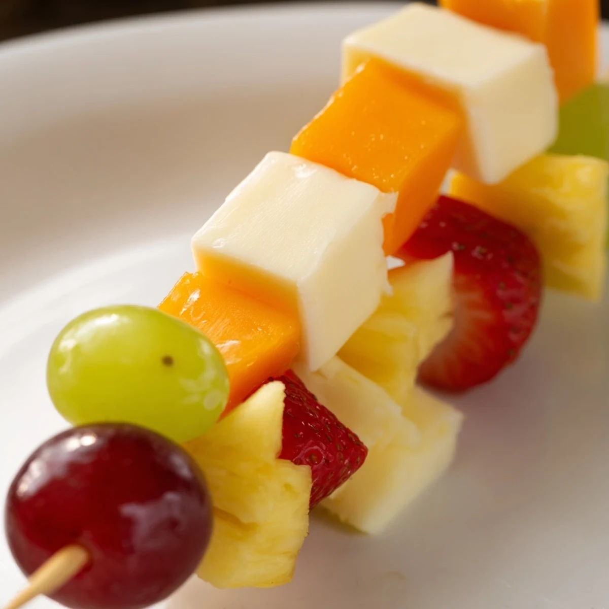 Fresh fruit and cheese kabobs featuring pineapple chunks, red grapes, and creamy Monterey Jack skewers