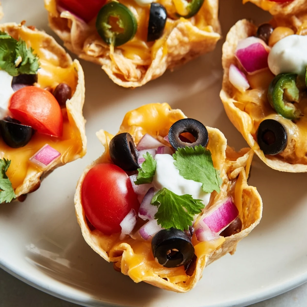 Golden cheesy nacho cups with melted cheese and colorful toppings in a muffin tin