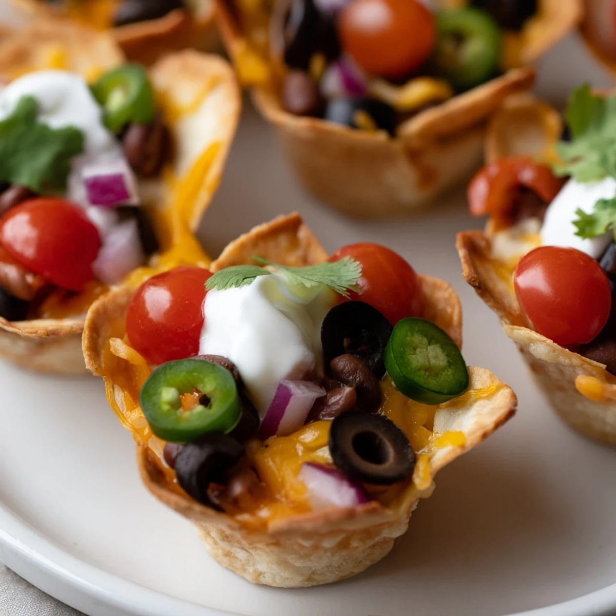 Crispy tortilla cups overflowing with gooey cheese beans and zesty game day toppings