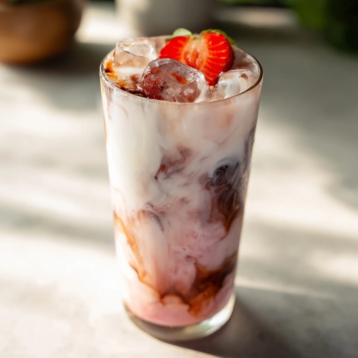 Creamy strawberry cold latte served over ice with fresh berry garnish and whipped cream topping