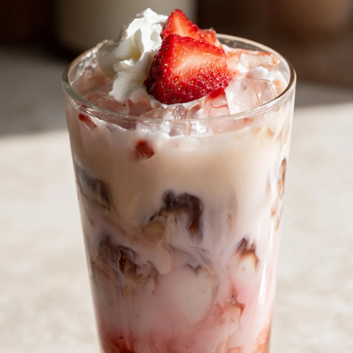 Refreshing strawberry cream cold latte with marbled coffee layers in a tall glass