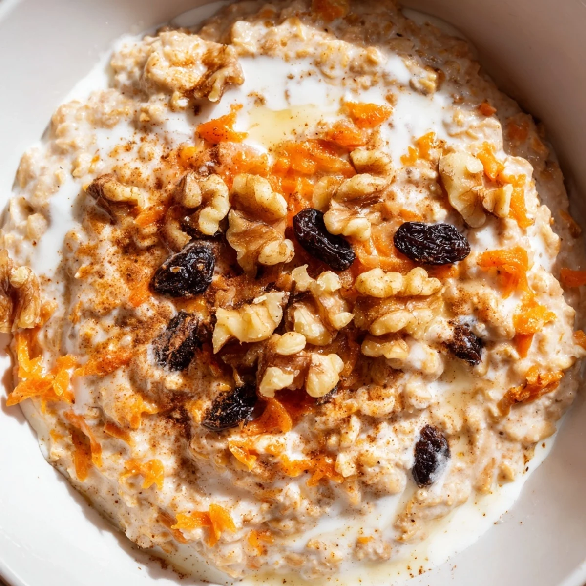 Creamy carrot cake overnight oats in a mason jar topped with crunchy walnuts and a sprinkle of warm cinnamon