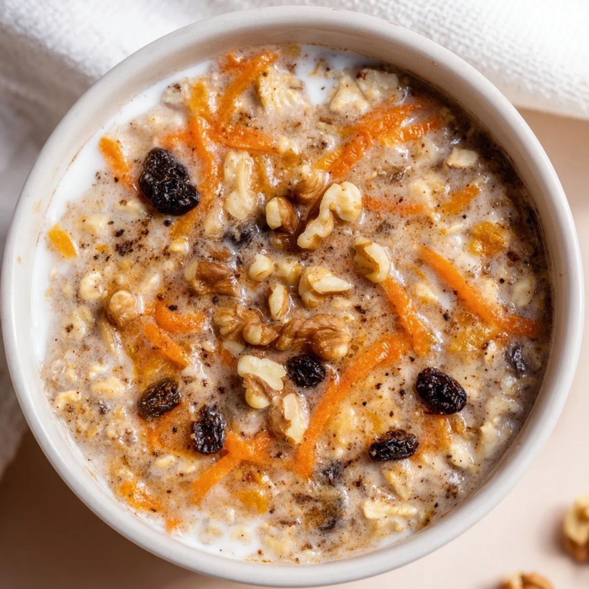 Carrot cake overnight oats with visible grated carrots, plump raisins, and chopped pecans in a rustic breakfast bowl