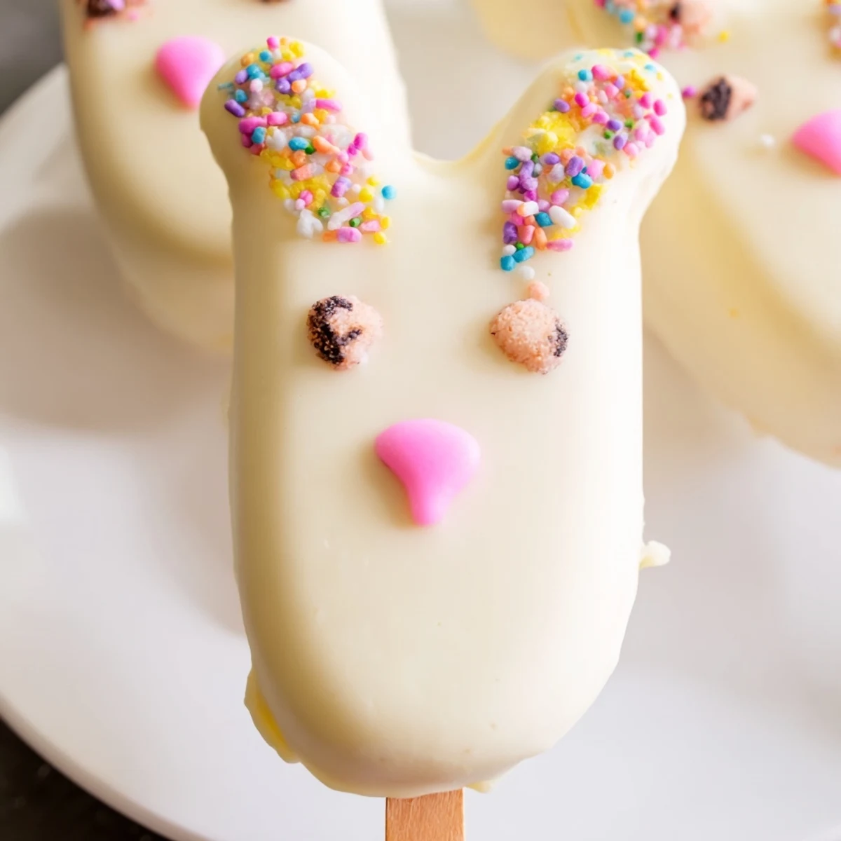 Adorable white chocolate bunny cakesicles with candy eyes on a rustic wooden serving board
