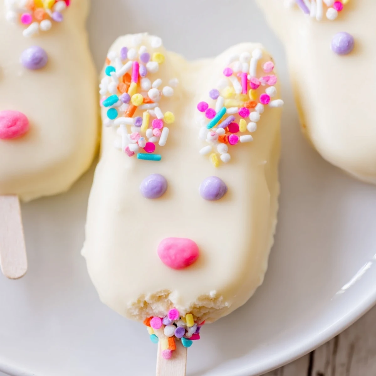 Bunny-shaped white chocolate cakesicles decorated with pink ears and colorful Easter sprinkles