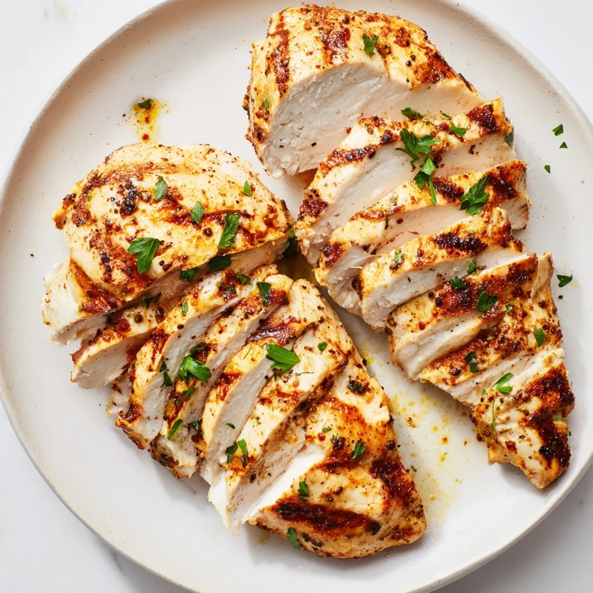 Golden Greek yogurt marinated chicken with charred grill marks on a white serving platter