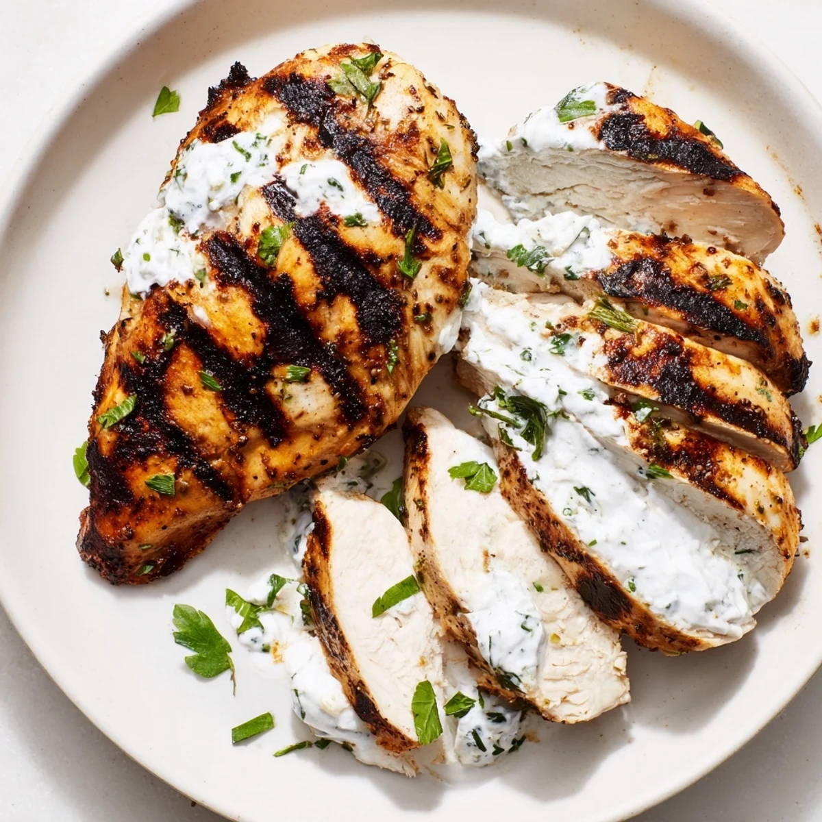 Juicy sliced Greek yogurt marinated chicken garnished with fresh parsley and lemon wedges