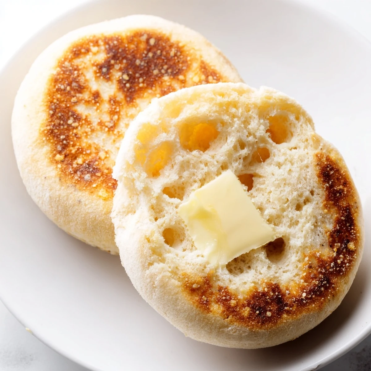 Golden brown homemade English muffins resting on a wooden cutting board with melted butter