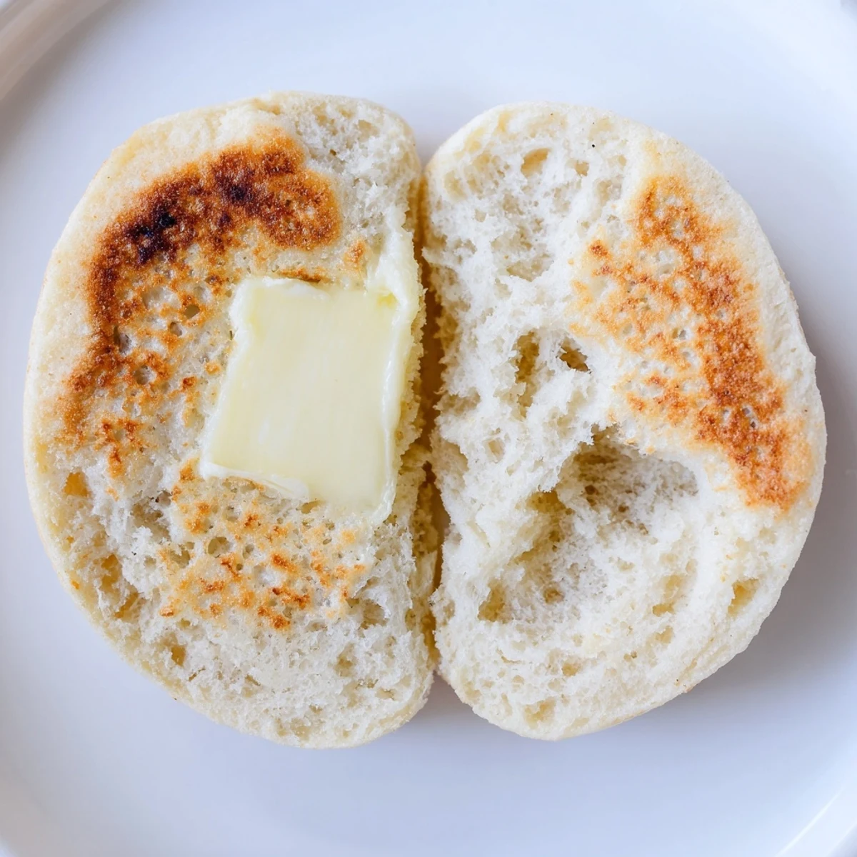 Freshly griddled homemade English muffins dusted with cornmeal and split open for toasting