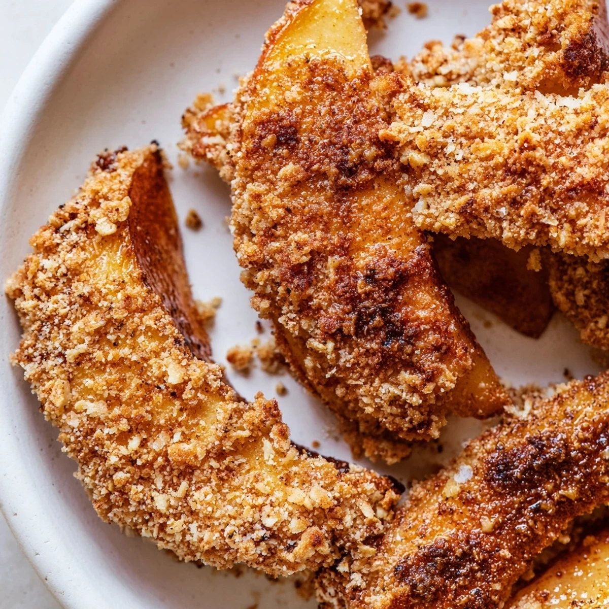 Golden crispy air fryer apple slices dusted with warm cinnamon sugar on a white plate
