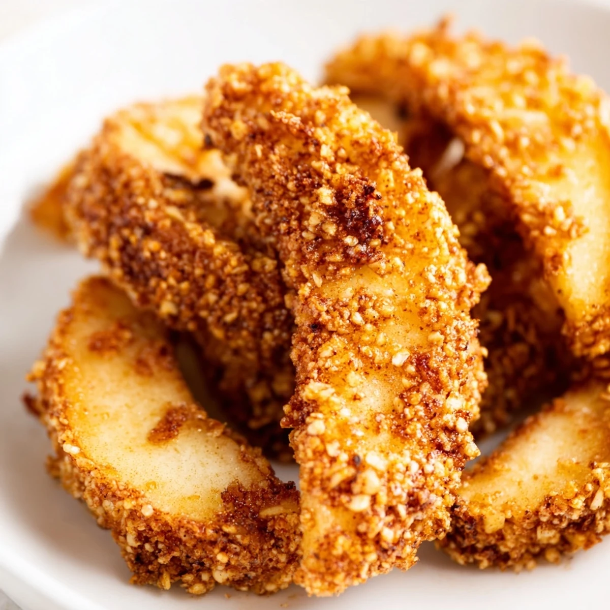 Tender air fryer apples with crunchy oat topping served alongside creamy vanilla ice cream