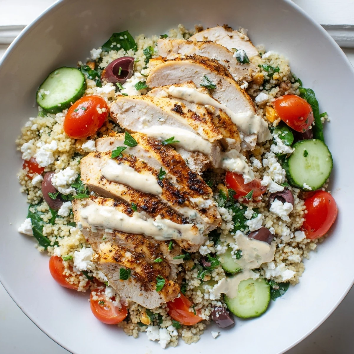 Mediterranean chicken couscous bowl with sliced spiced chicken fresh vegetables and creamy tahini drizzle
