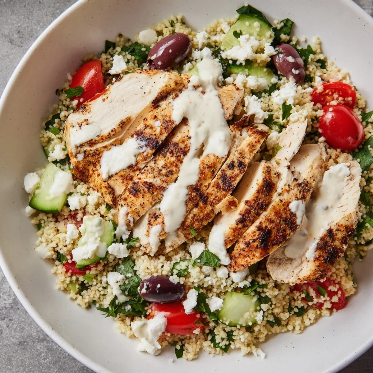 Colorful Mediterranean chicken couscous bowl featuring tender meat olives tomatoes and bright lemon dressing