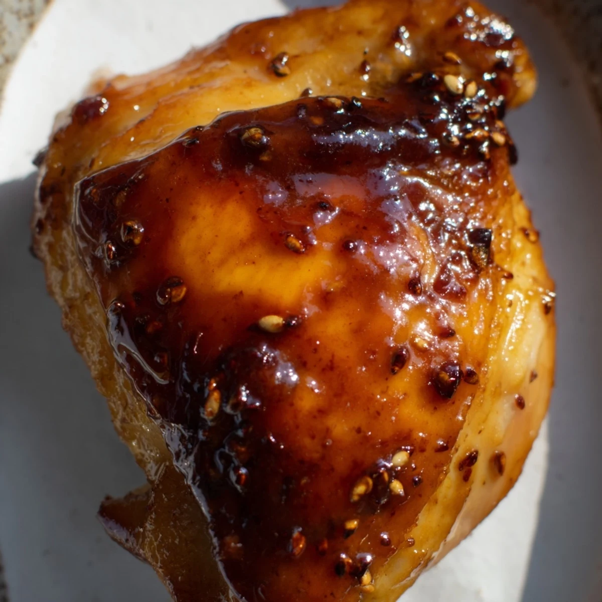 Juicy Savory Glazed Chicken thighs coated in glossy sauce beside fluffy green herb-infused rice
