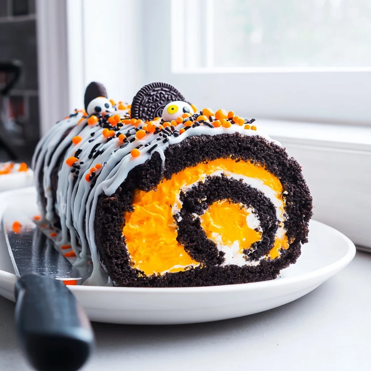 A spooky Halloween Oreo Roll sliced and drizzled with chocolate on a festive platter