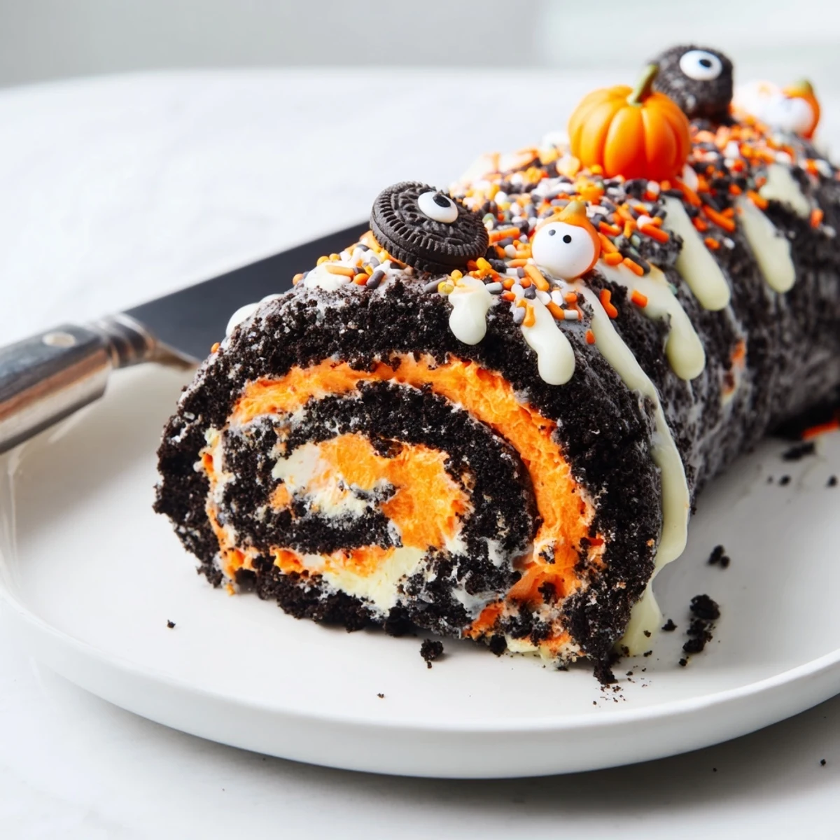 A no-bake Halloween Oreo Roll with orange whipped cream filling topped with candy eyes