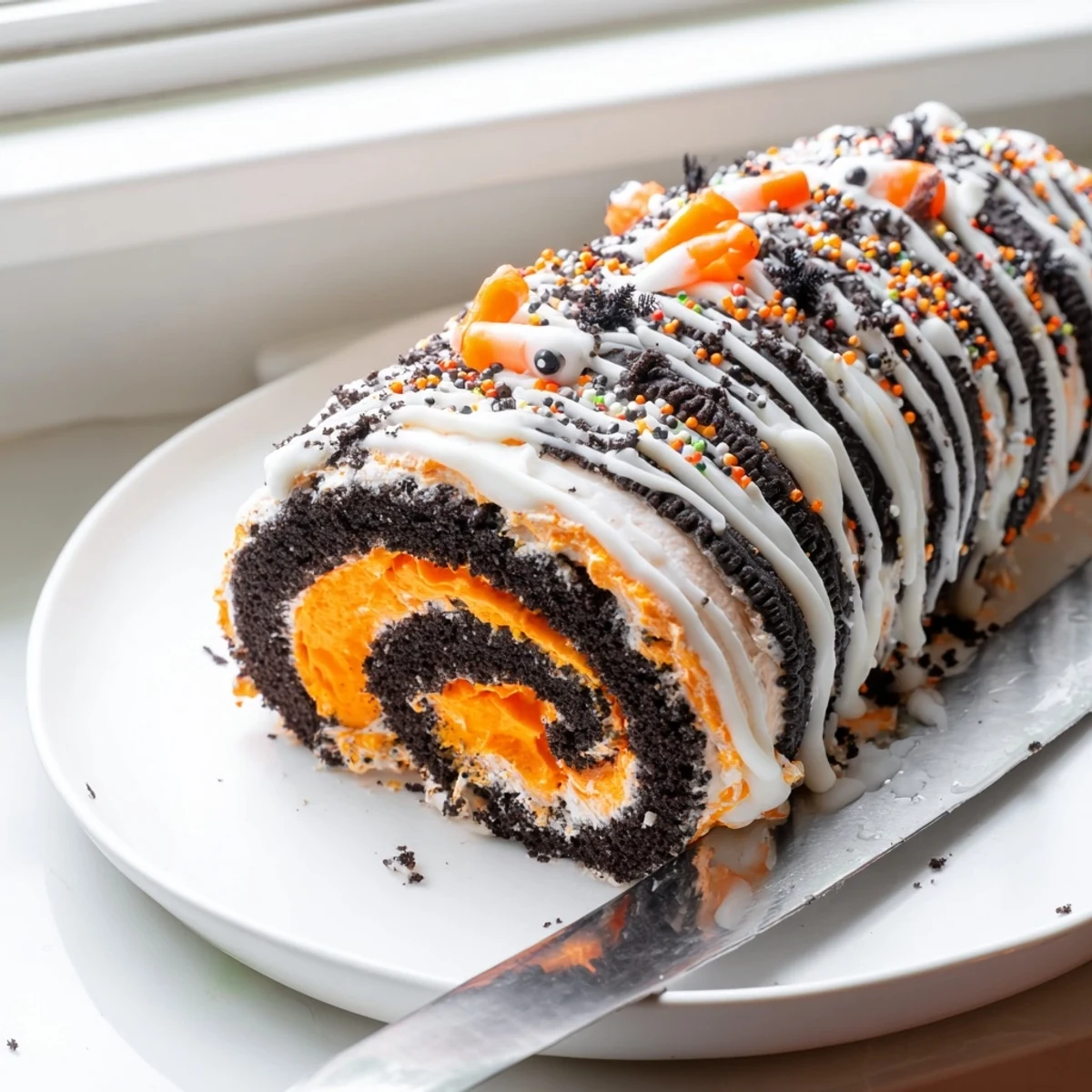 A chilled Halloween Oreo Roll sprinkled with Halloween decorations ready for a party centerpiece