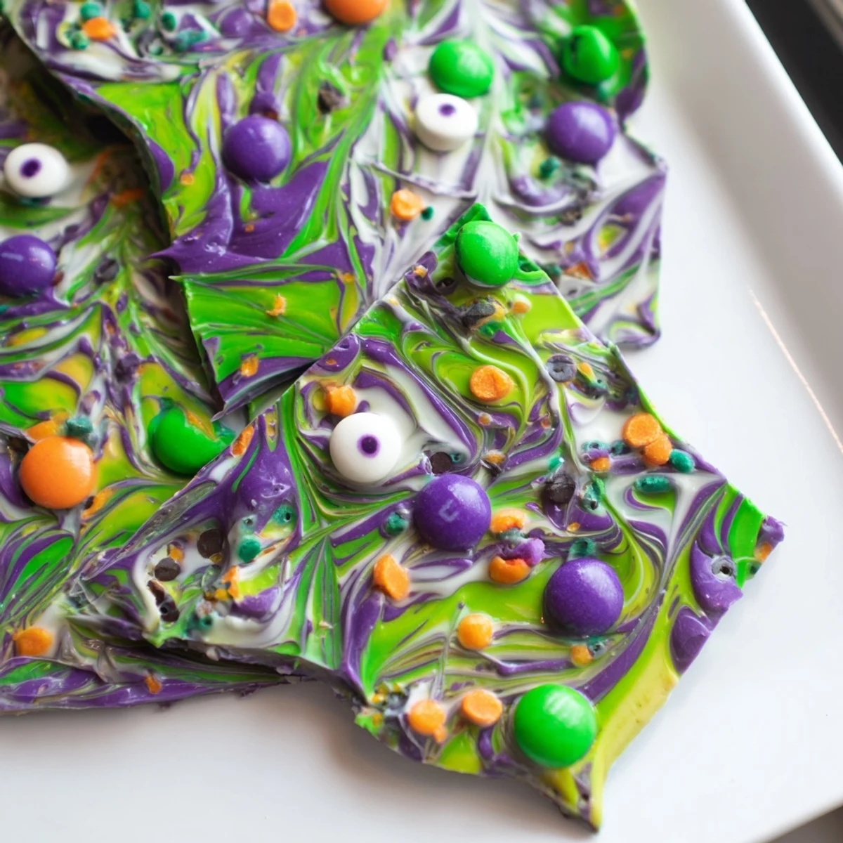 Melting Witches Bark with swirled chocolate, candy eyes, and spooky sprinkles