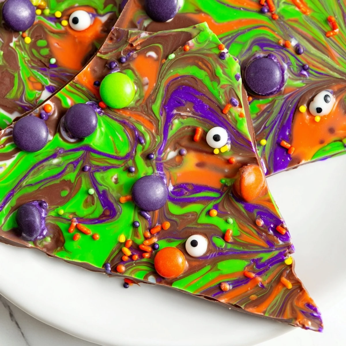 Colorful Melting Witches Bark topped with candy-coated chocolates and Halloween sprinkles