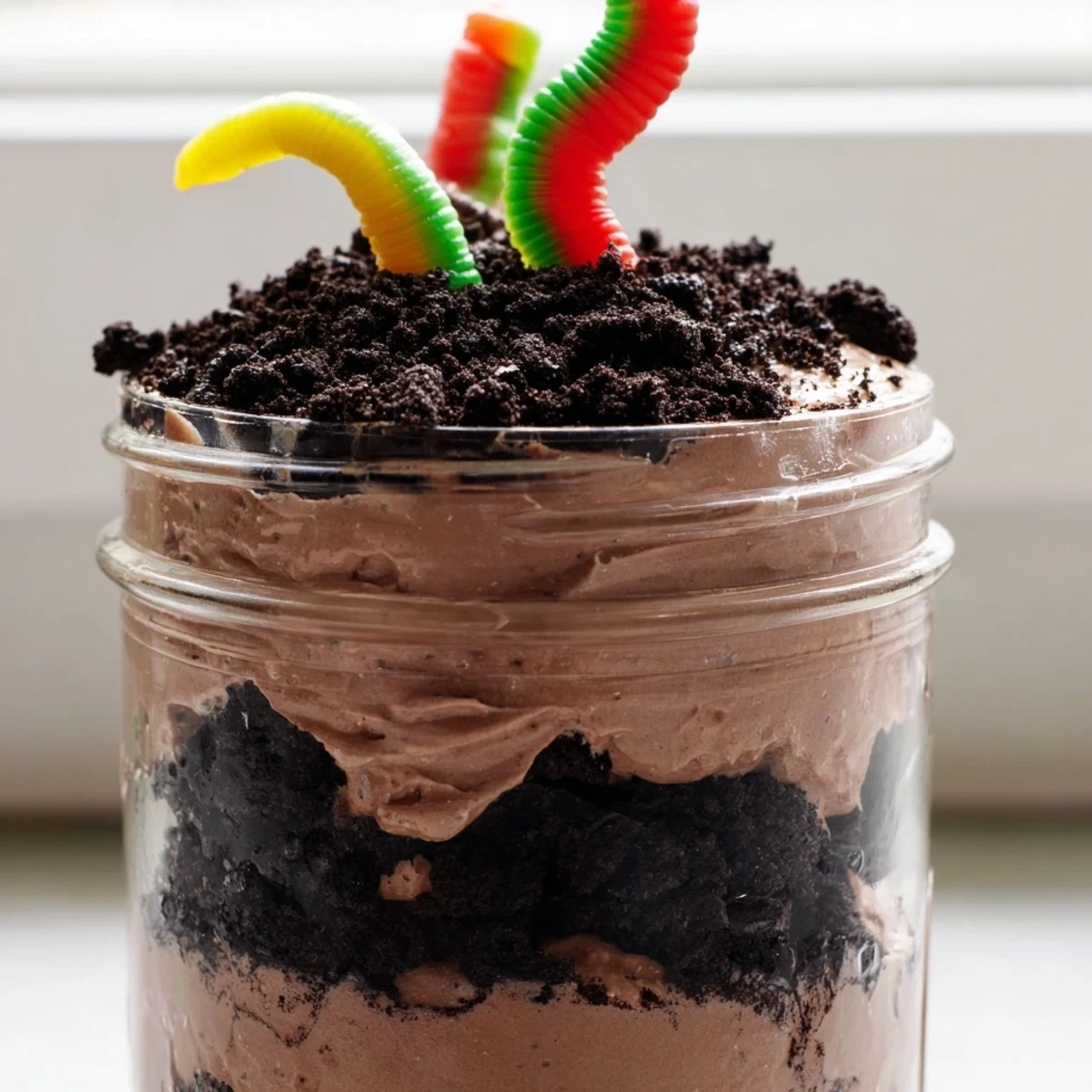 Creamy dirt pudding cups with crushed cookie crumbs and playful gummy worms