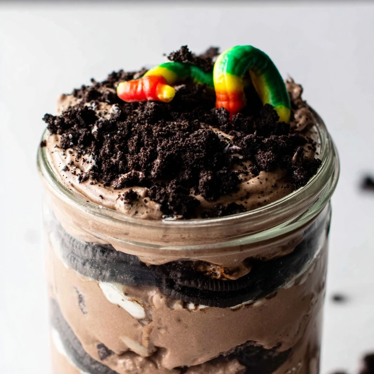 Rich chocolate dirt pudding layered in jars topped with Oreo cookie dirt