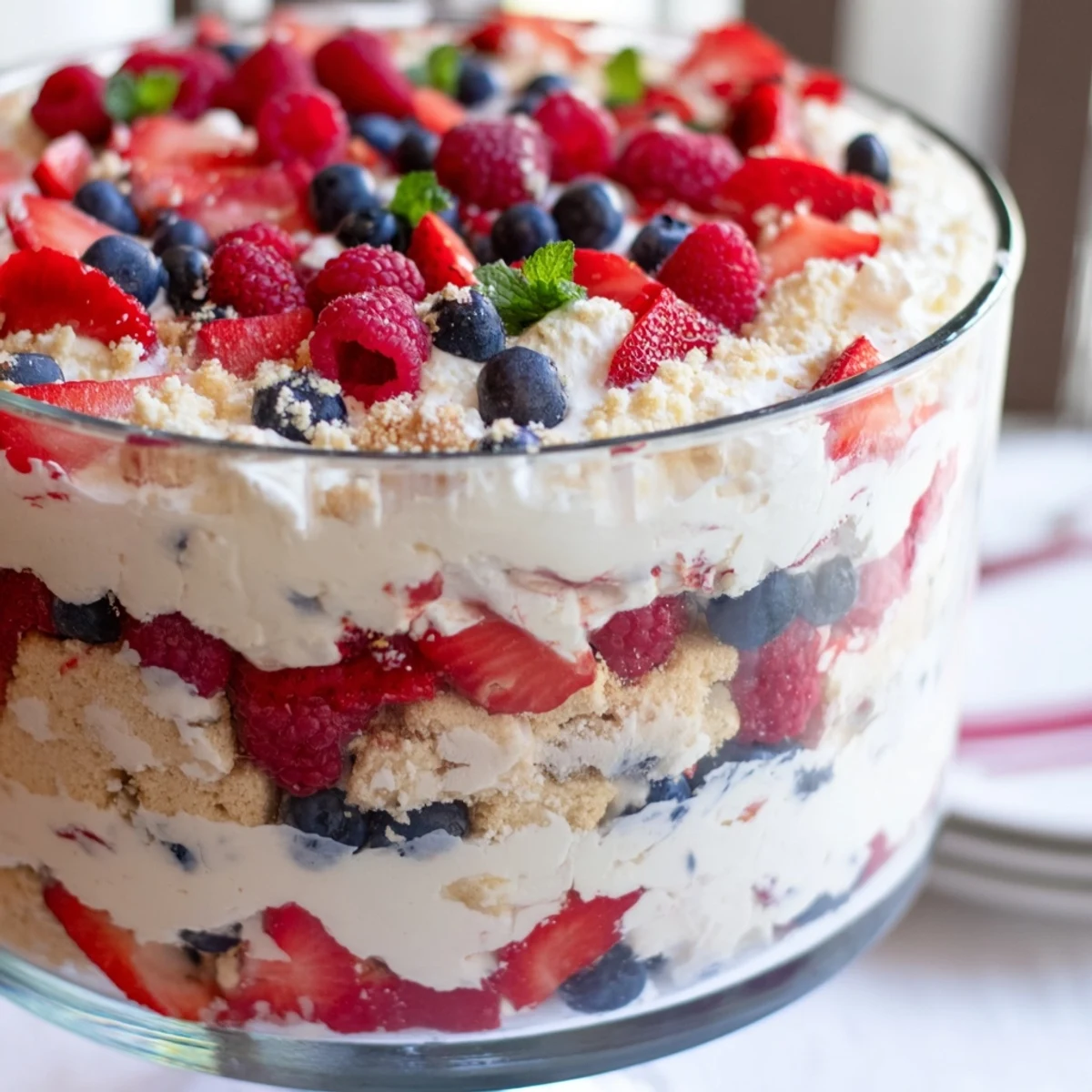 Creamy Red White Blue Mixed Berry Yum Yum layered with fresh strawberries in a glass trifle bowl