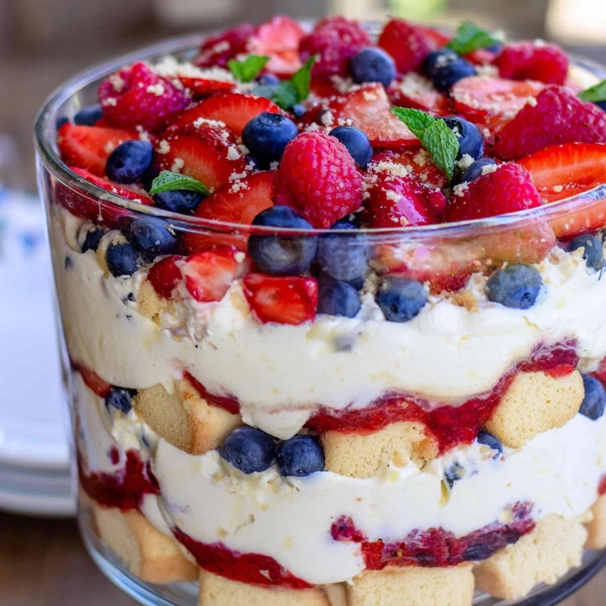 Patriotic Red White Blue Mixed Berry Yum Yum topped with juicy raspberries and crushed shortbread crumbs