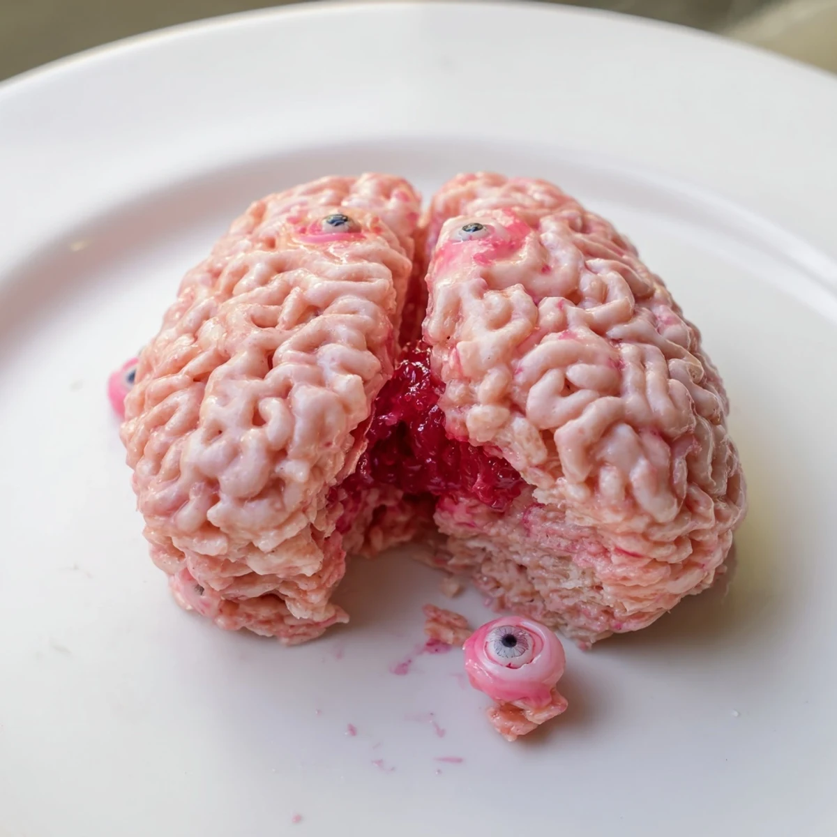 Crispy rice cereal brain with gooey red berry filling oozing out when sliced