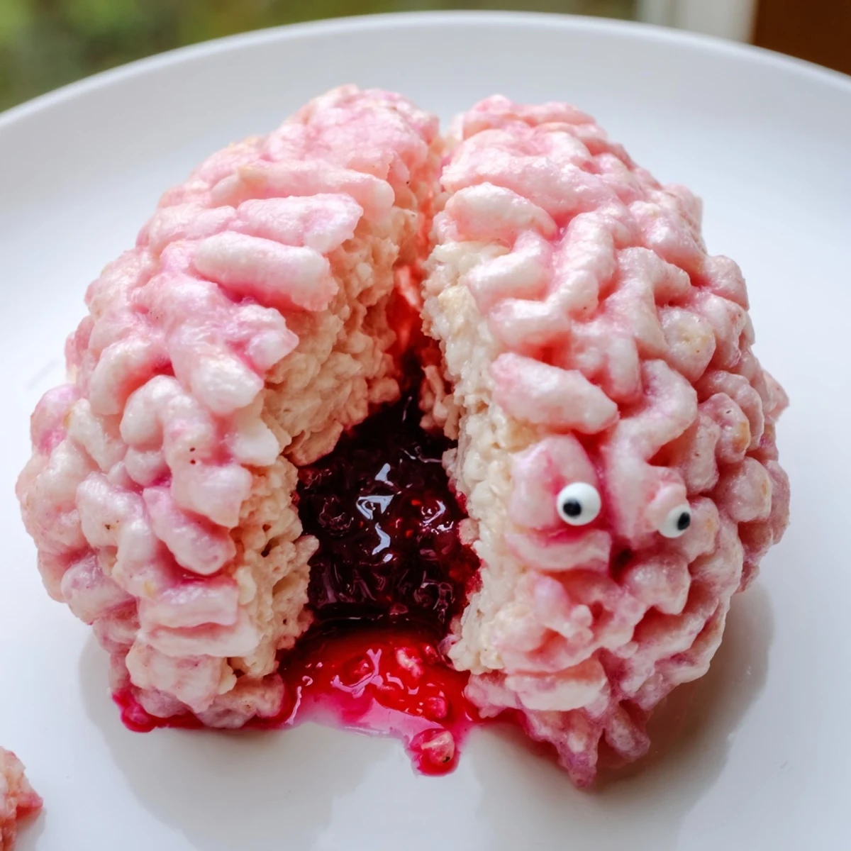 Spooky stuffed crispy rice cereal brain bursting with bright raspberry jam center