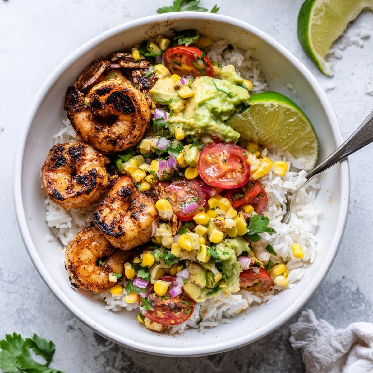 Charred shrimp and bright avocado corn salsa layered on a rice bowl