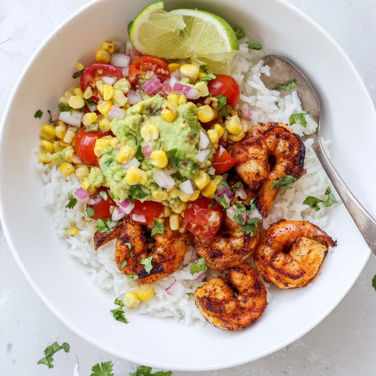 Smoky grilled shrimp bowl with avocado corn salsa served over fluffy rice