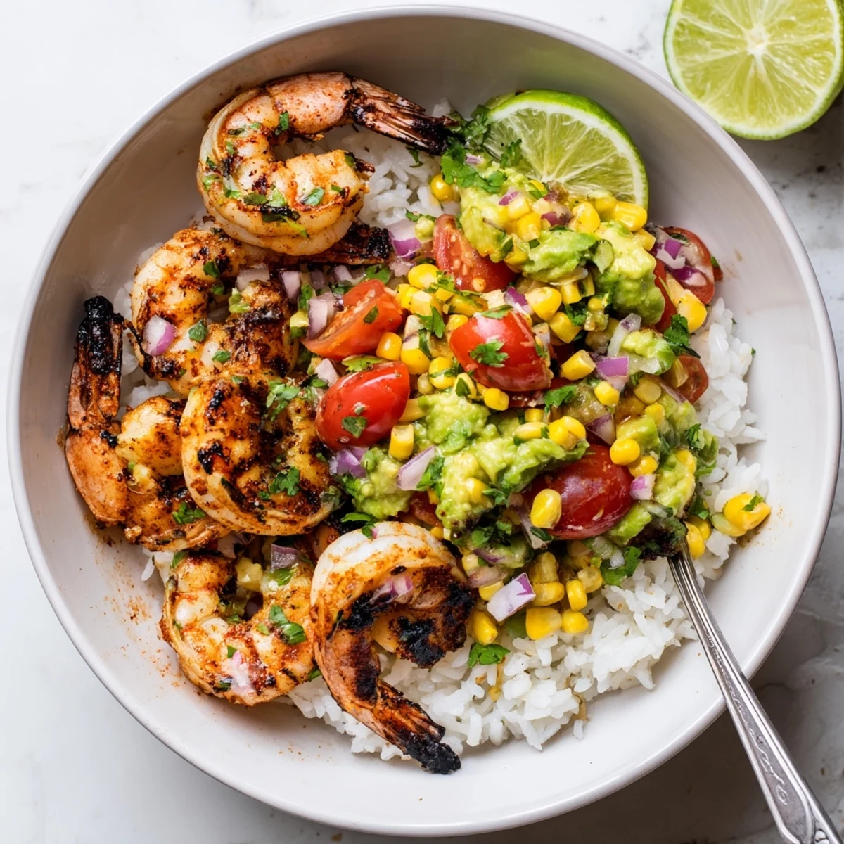 Grilled shrimp bowl topped with colorful avocado corn salsa and lime wedge