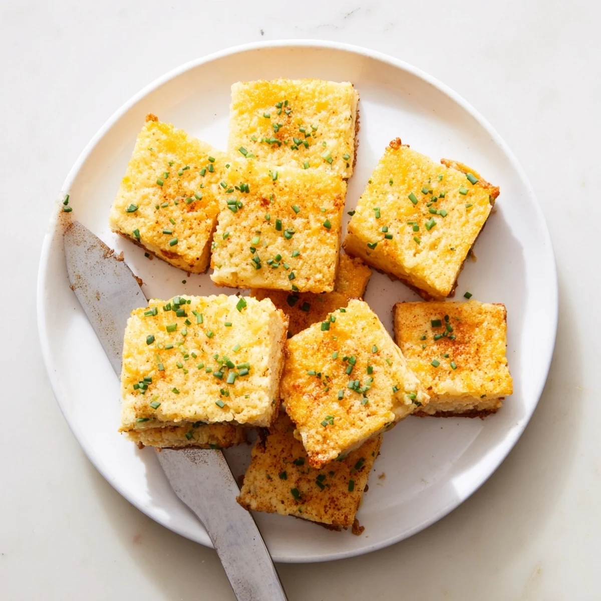 Crispy cheddar herb snack squares served warm on a rustic wooden board