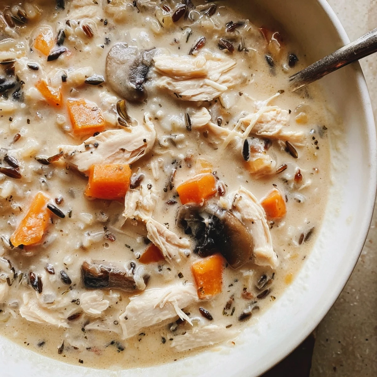 Steaming bowl of creamy slow cooker chicken mushroom wild rice soup with shredded chicken and crusty bread