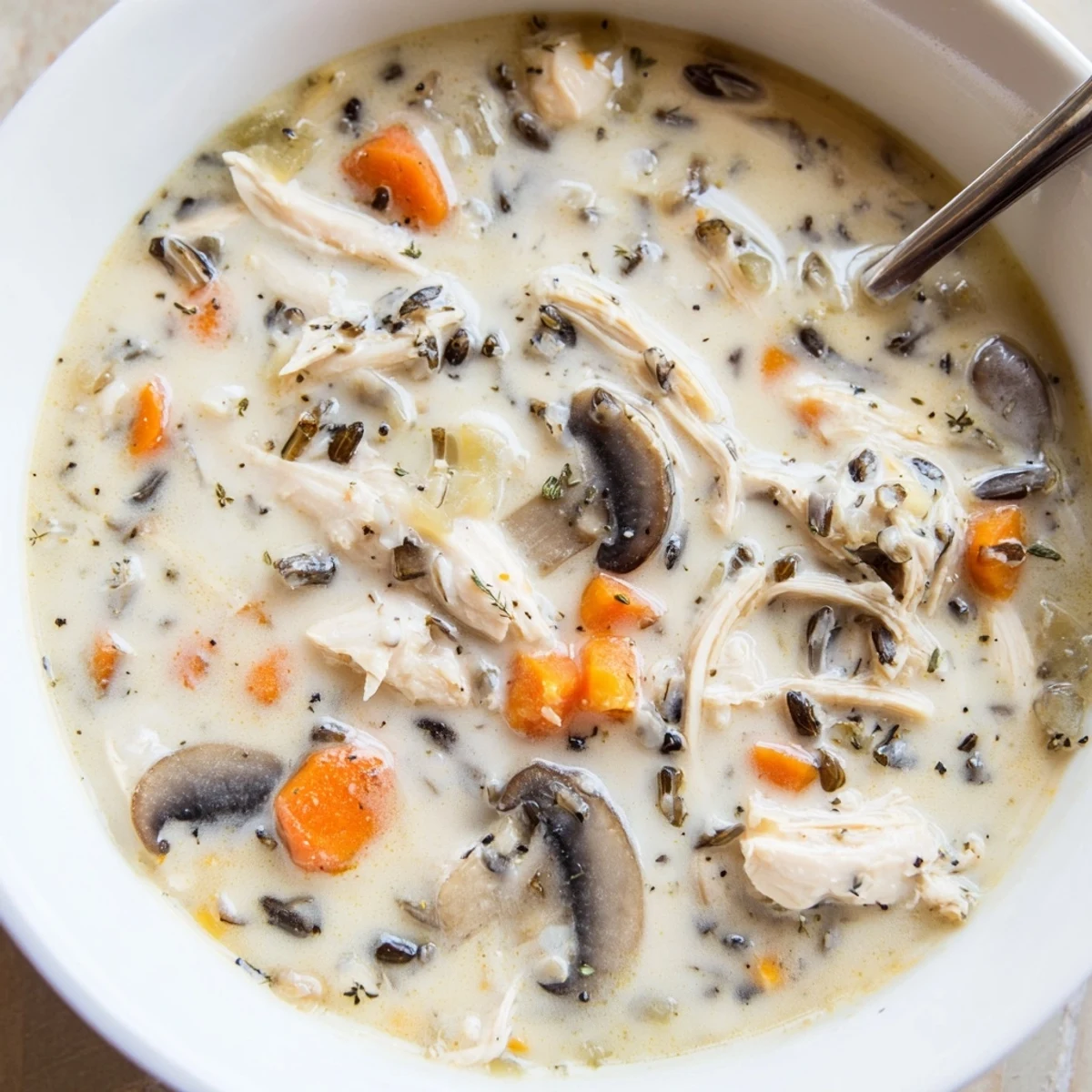 Thick creamy slow cooker chicken mushroom wild rice soup ladled into a rustic bowl topped with thyme