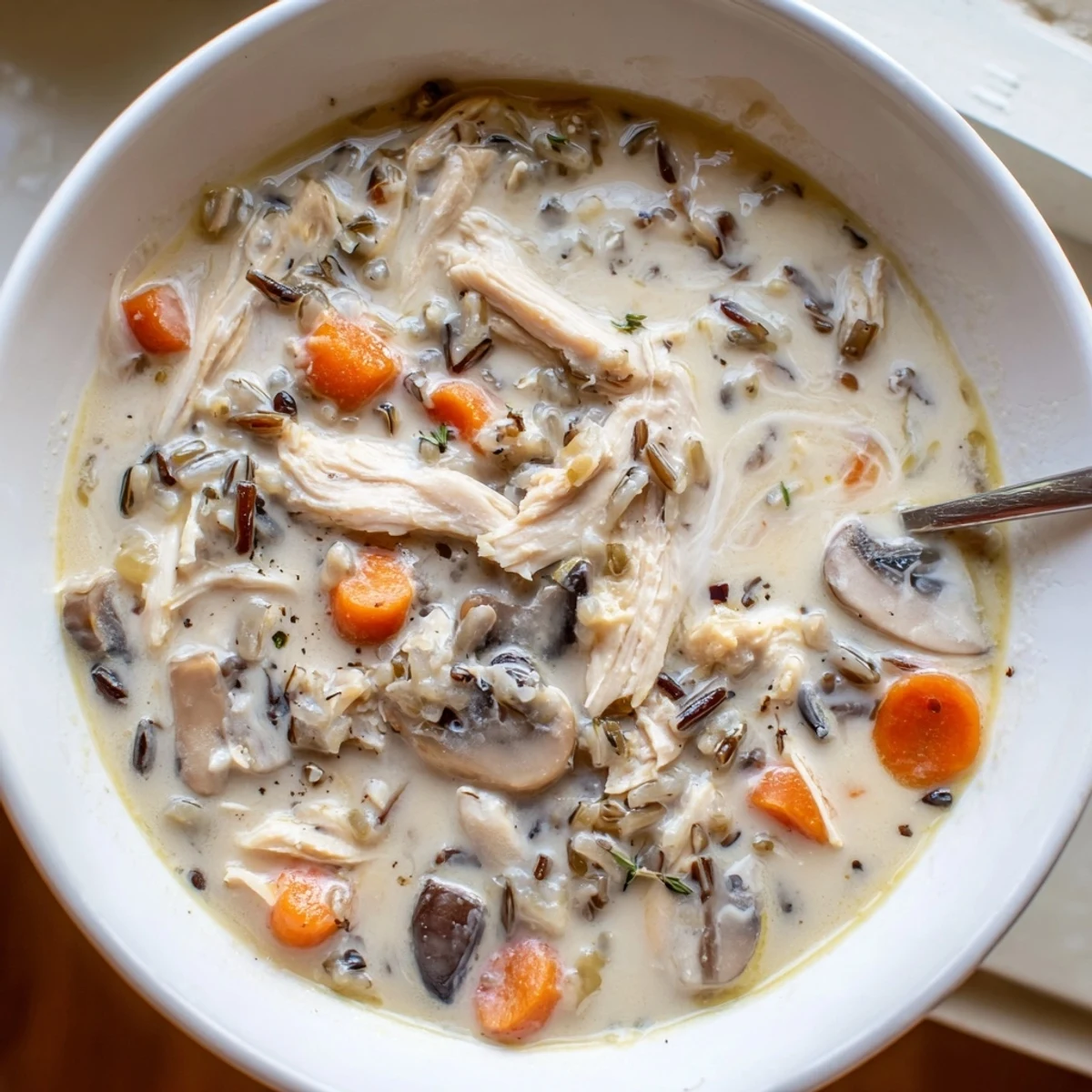 Golden creamy slow cooker chicken mushroom wild rice soup featuring tender chicken chunks earthy mushrooms and wild rice