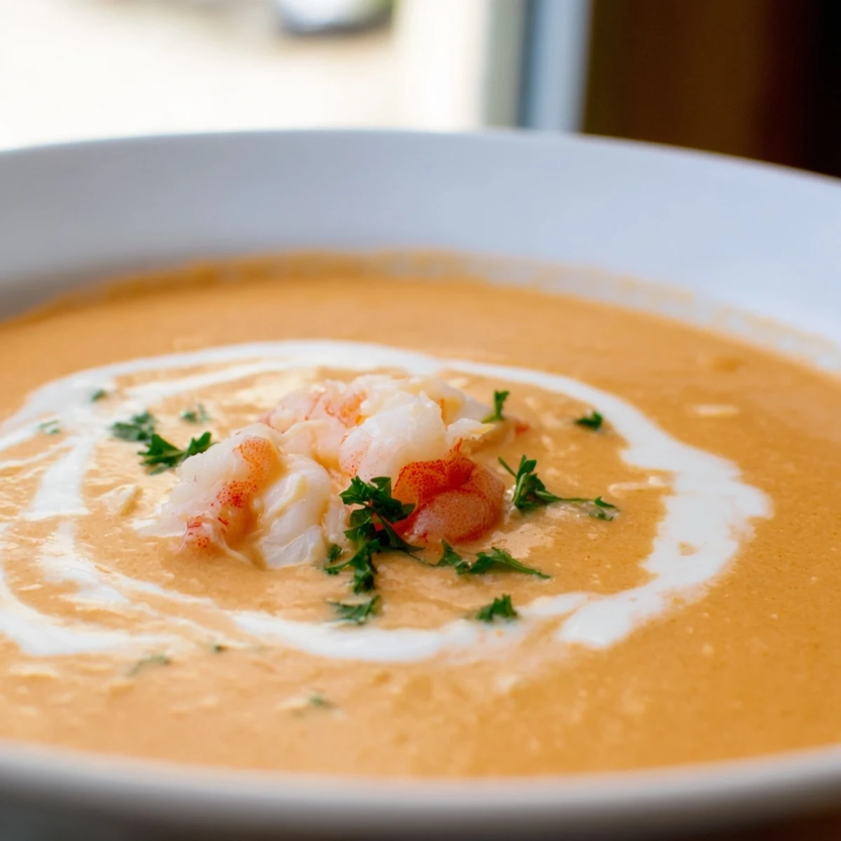 Steaming bowl of creamy crab and shrimp bisque garnished with fresh parsley