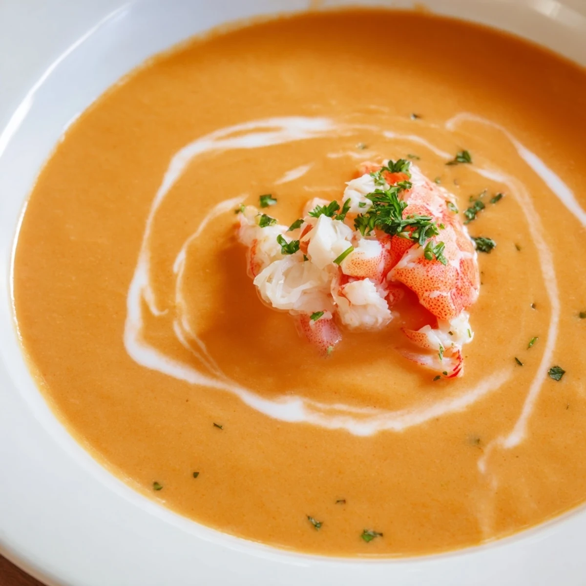 Golden creamy crab and shrimp bisque topped with lemon and pink shrimp