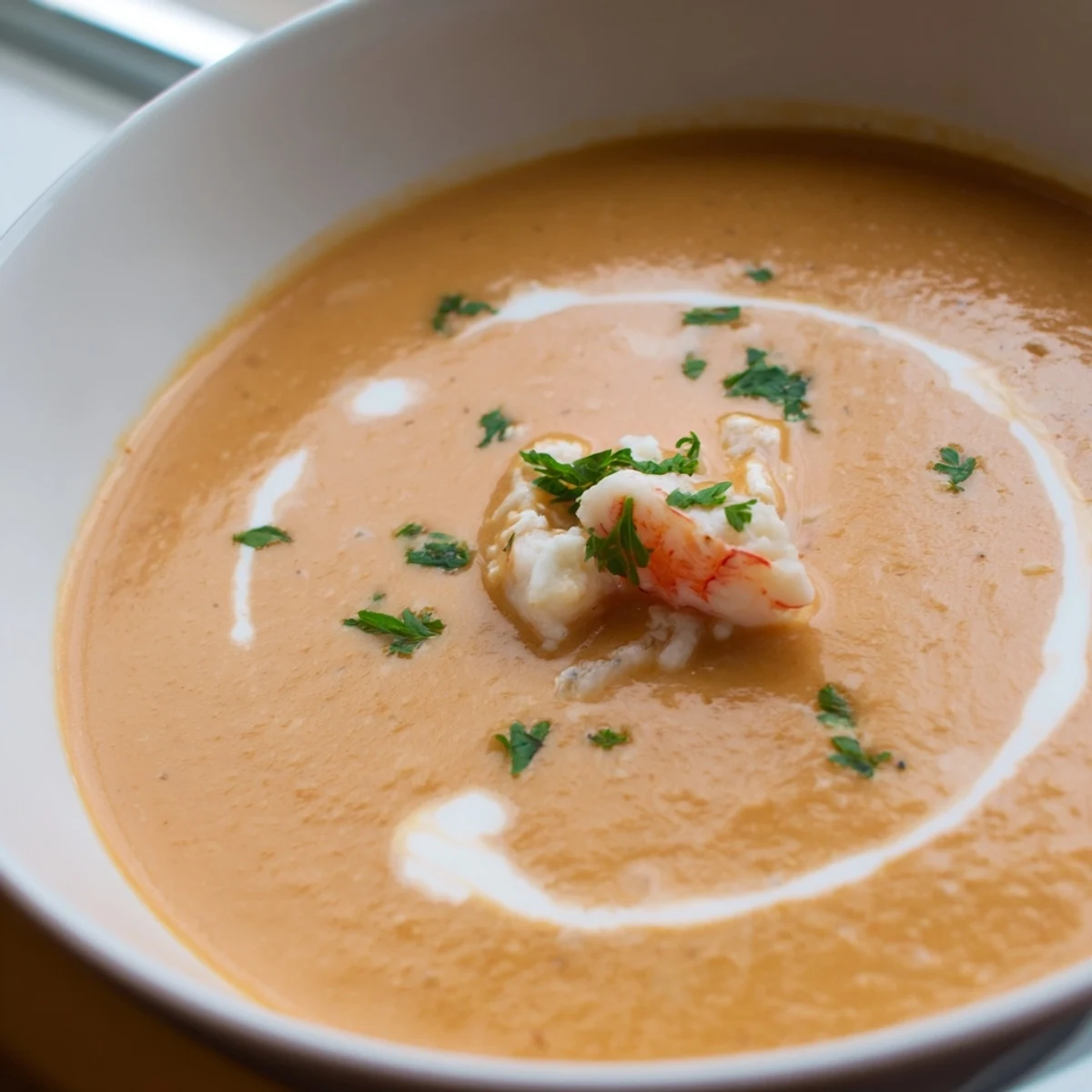 Velvety crab and shrimp bisque ladled into a white bowl with crusty bread