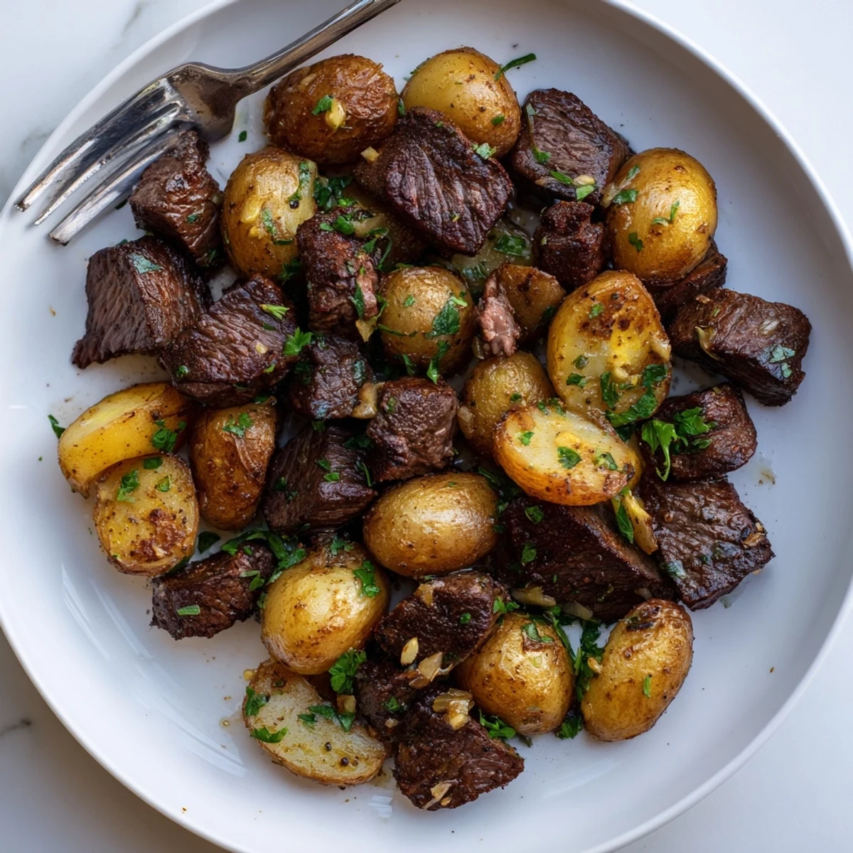 Weeknight Garlic Steak Bites and Potatoes Recipe served with crisp green beans and parsley  